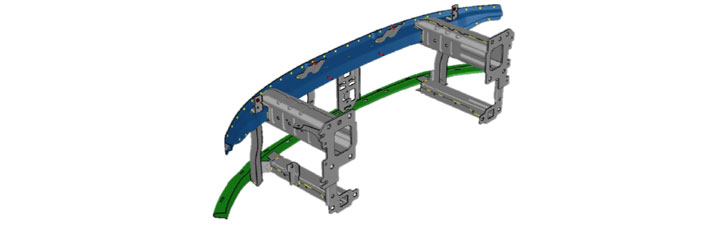 The blue indicates Docol® CR 1000DP bumper beam, while the green is the Docol® 800DP lower load path crossmember.