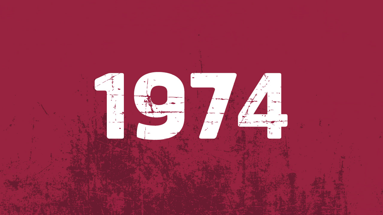 The year 1974, when Hardox® steel was introduced, in white against a red background.