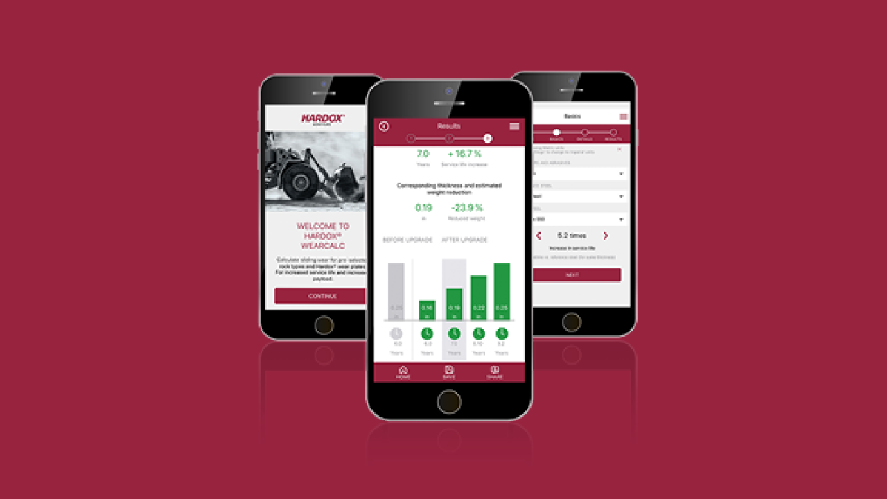 Three images of the Hardox® WearCalc app, used to calculate wear and savings for different grades of the high-strength AR steel Hardox® wear plate.