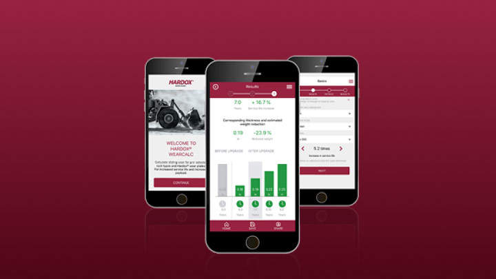 Three cell phones displaying the Hardox WearCalc app used for calculating equipment wear and service life using different types and grades of steel.